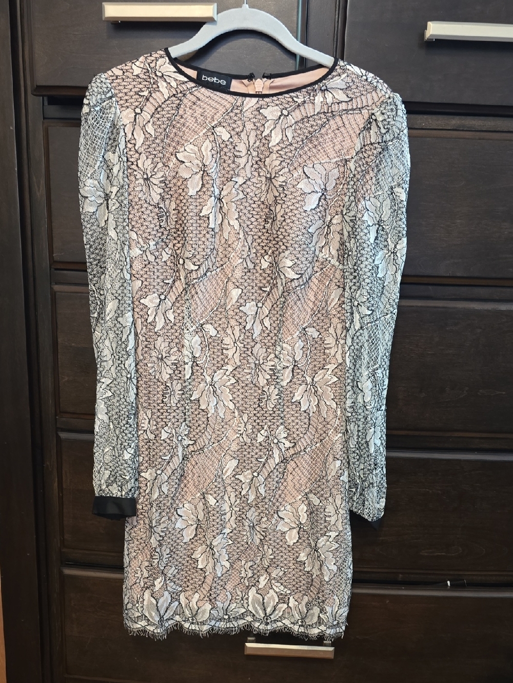 bebe Pink Lace-Overlay Long Sleeve Dress